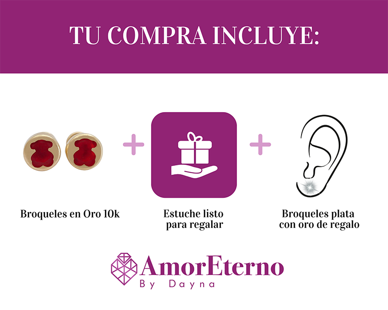 Amor Eterno - Broqueles Osito Tambor Mediano / Aretes Oro 10k / Rojo