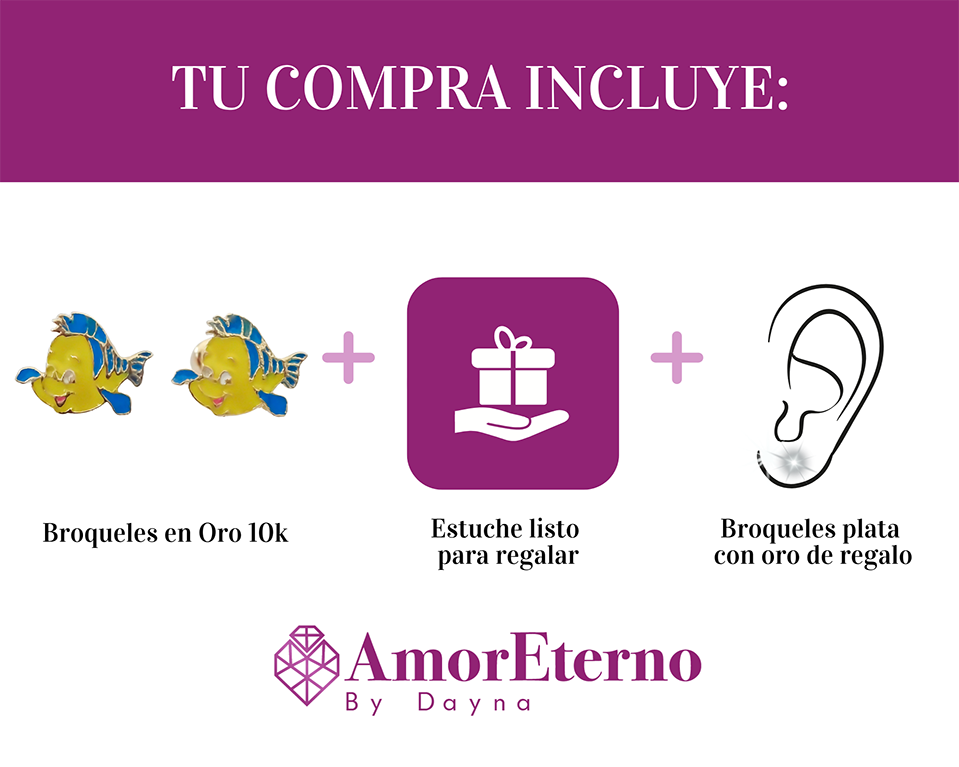 Amor Eterno - Broqueles Flounder - Sirenita Disney / Oro 10k