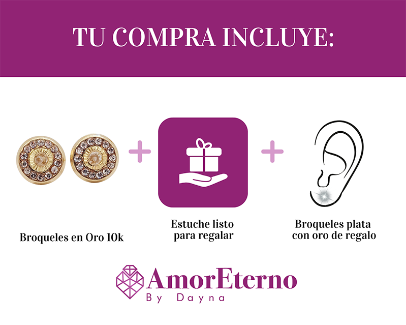 Amor Eterno - Broqueles Bisel Con Aro / Aretes Oro 10k / Transparente