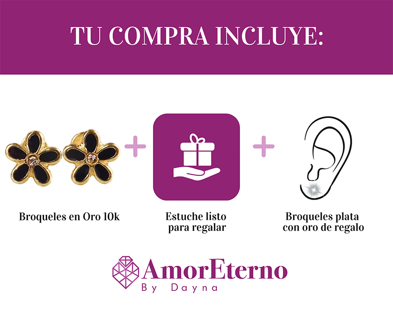 Amor Eterno - Broqueles Margarita Esmaltada / Oro Sólido 10k / NEGRO