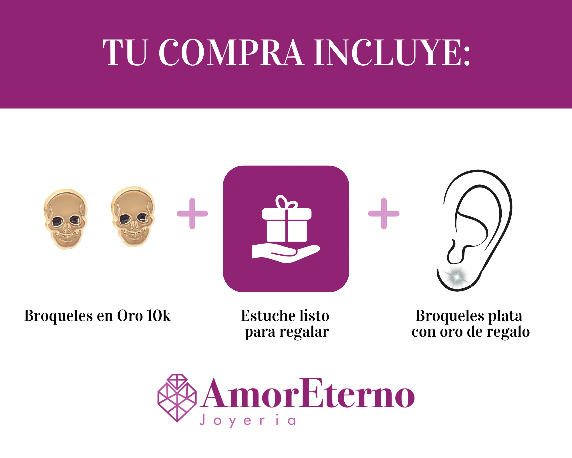 Amor Eterno - Broqueles Cráneo Calavera / Aretes / Oro 10k