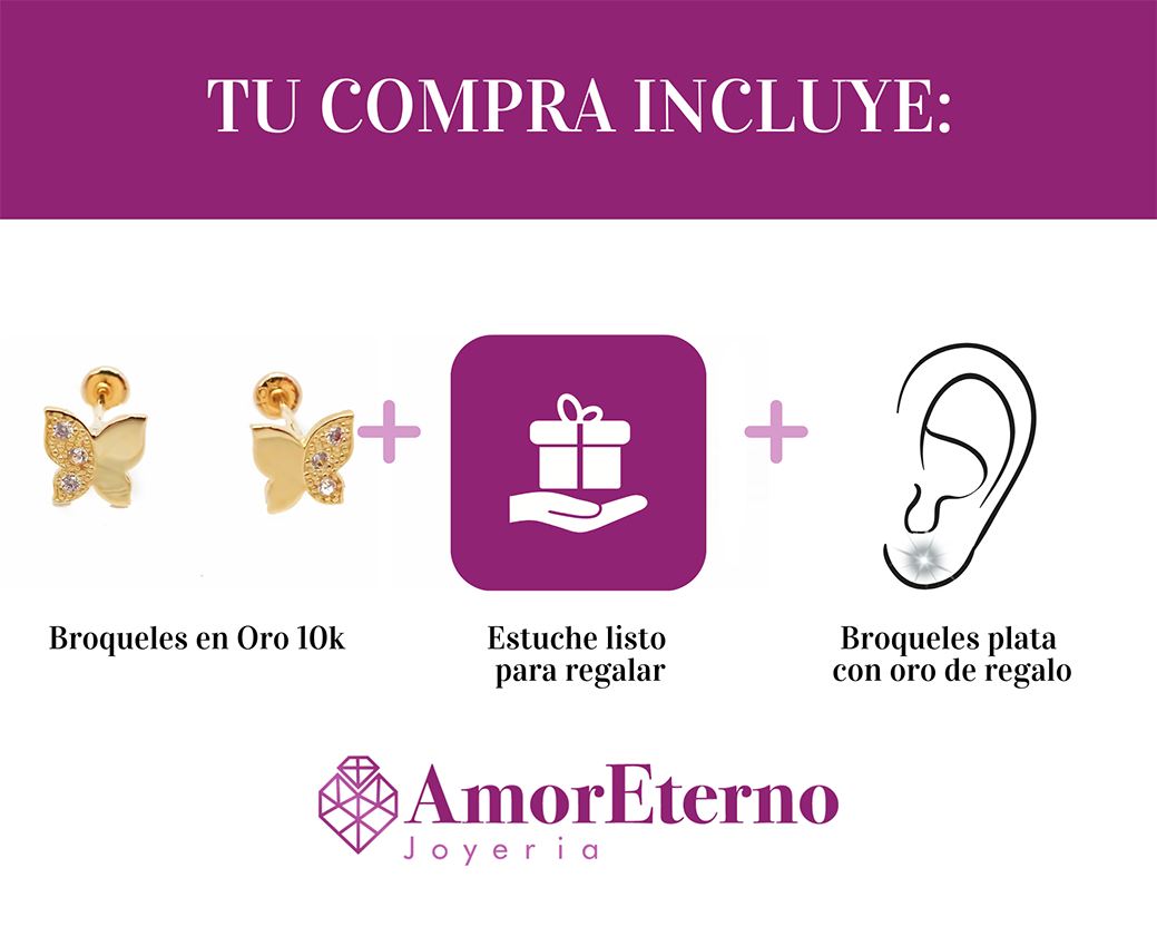 Amor Eterno - Broqueles Mariposita / Aretes / Oro Sólido 10k
