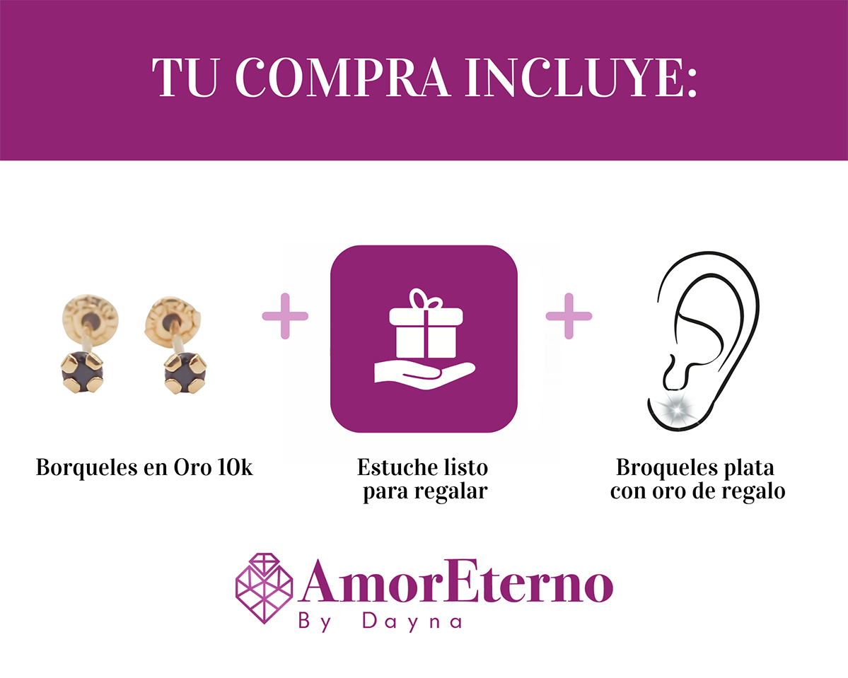 Amor Eterno - Broqueles Recto Mini Bebé / Aretes / Oro 10k / Negro