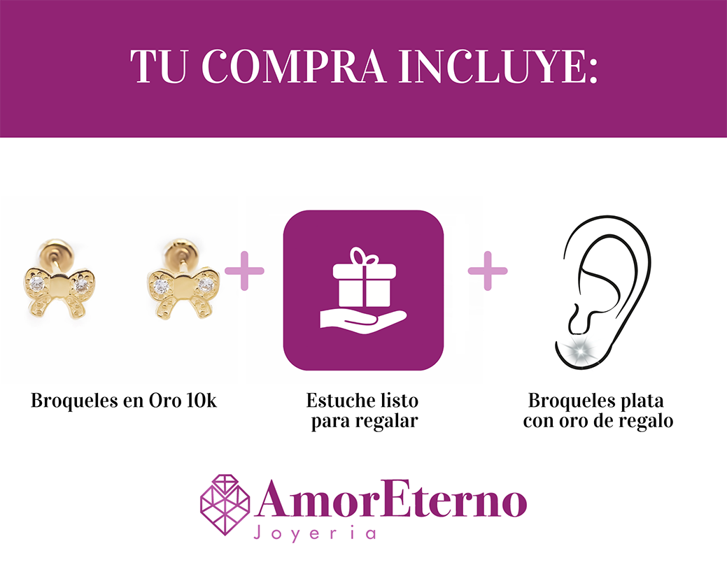 Amor Eterno - Broqueles Moñito / Aretes / Oro Sólido 10k