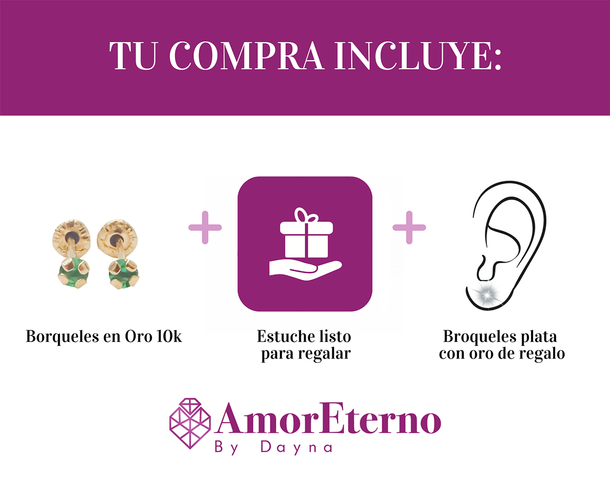 Amor Eterno - Broqueles Recto Mini Bebé / Aretes / Oro 10k / Verde