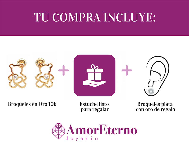Amor Eterno - Broqueles Oso Corazón / Arete / Oro Sólido 10k