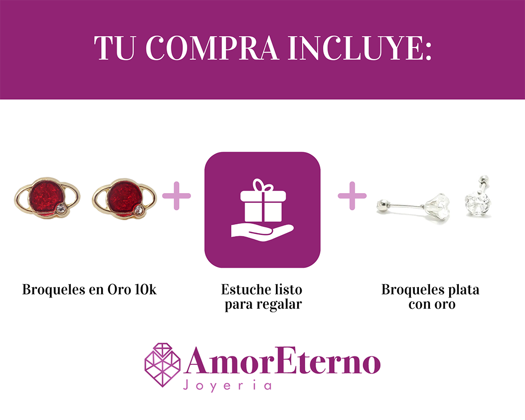 Amor Eterno - Broqueles Deluxe Saturno / Aretes / Oro 10k / Rojo