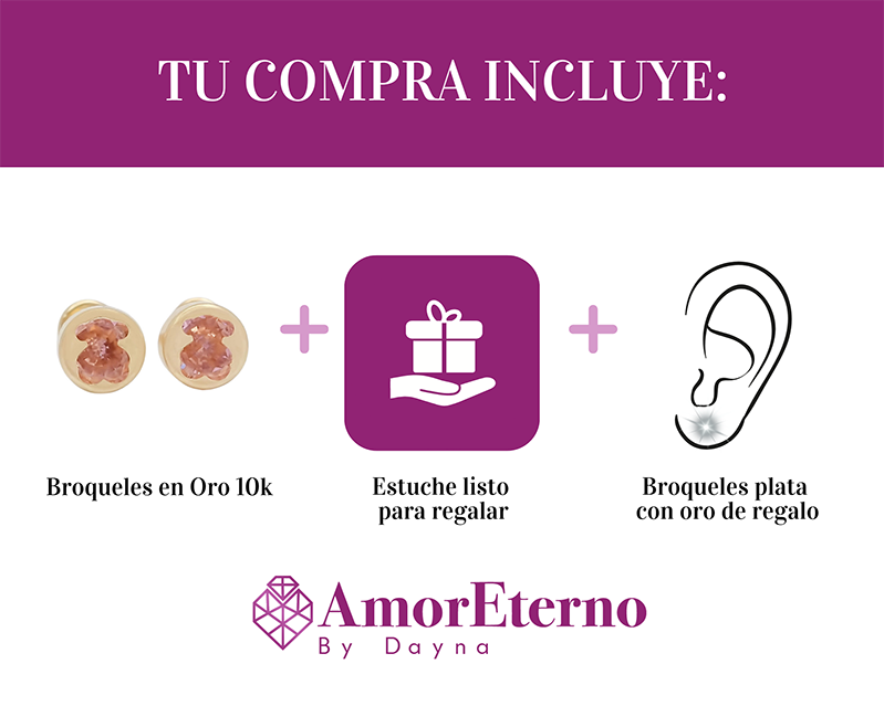 Amor Eterno - Broqueles Osito Tambor Mediano / Aretes Oro 10k / Rosa