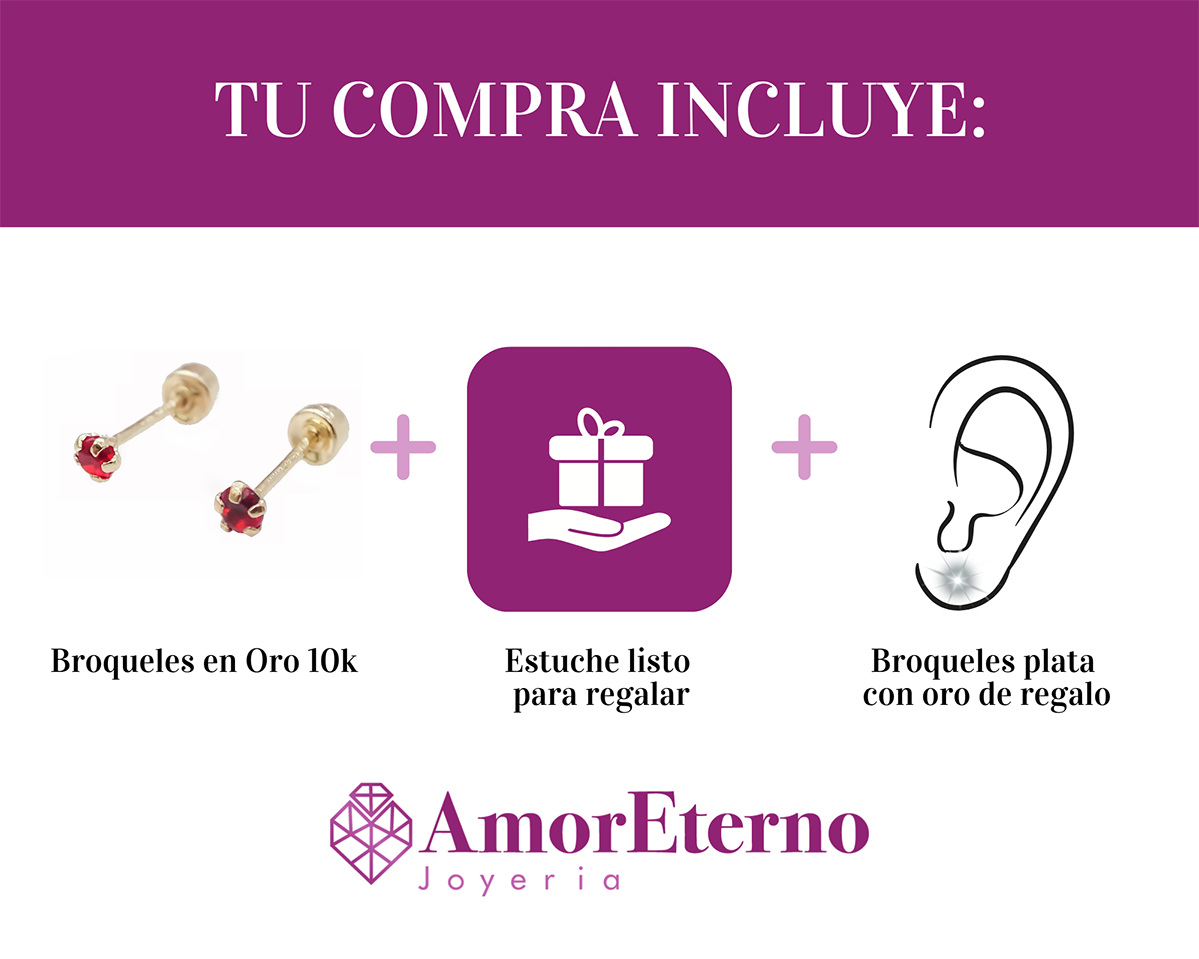 Amor Eterno - Broqueles Recto Mini Bebé / Aretes / Oro 10k / Rojo