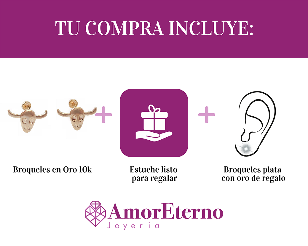Amor Eterno - Broqueles Cráneo De Toro / Aretes / Oro 10k