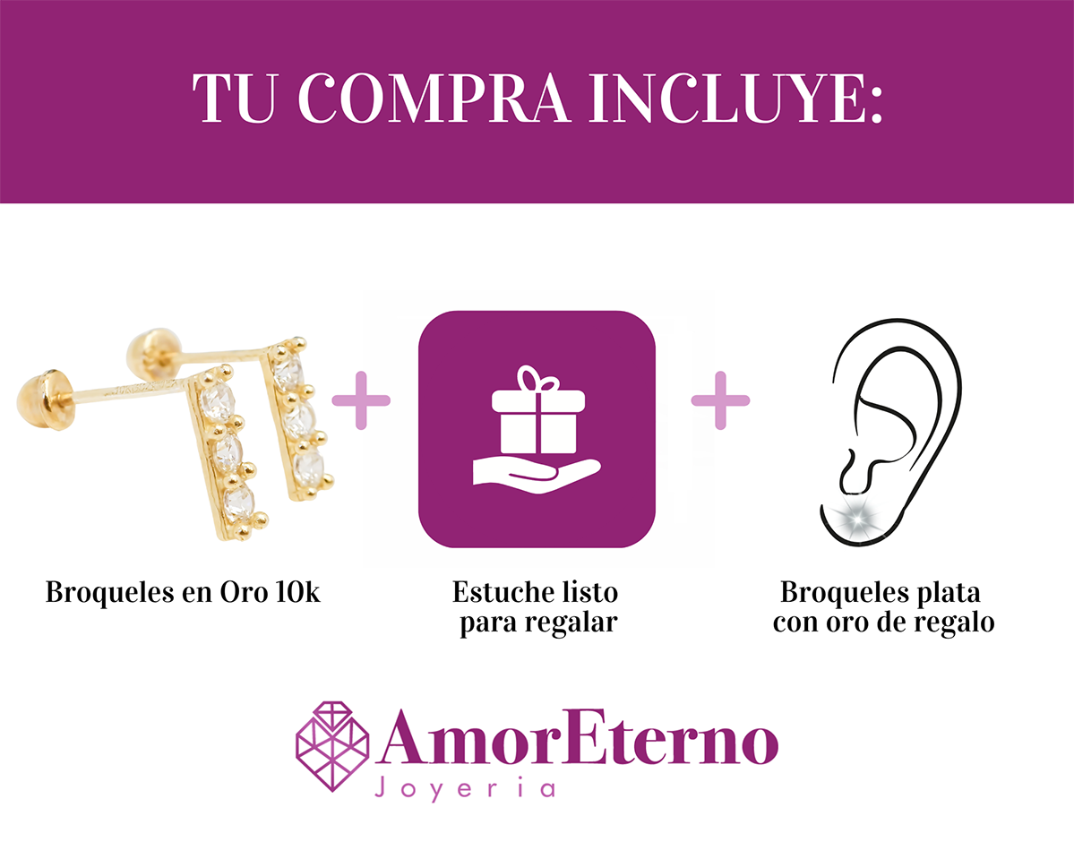Amor Eterno - Broqueles Barrita 3 Destellos Aretes / Oro 10k