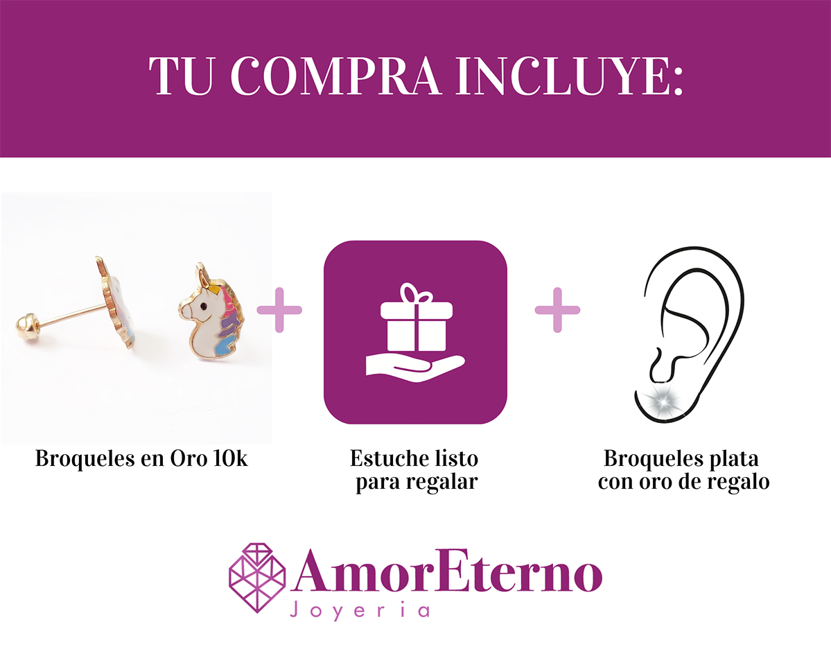 Amor Eterno - Broquel / Arete / Oro Sólido 10k De Unicornio Arcoiris