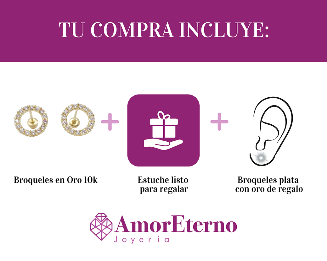 Amor Eterno - Broqueles Círculo Elegante / Oro Sólido 10k / Transparente