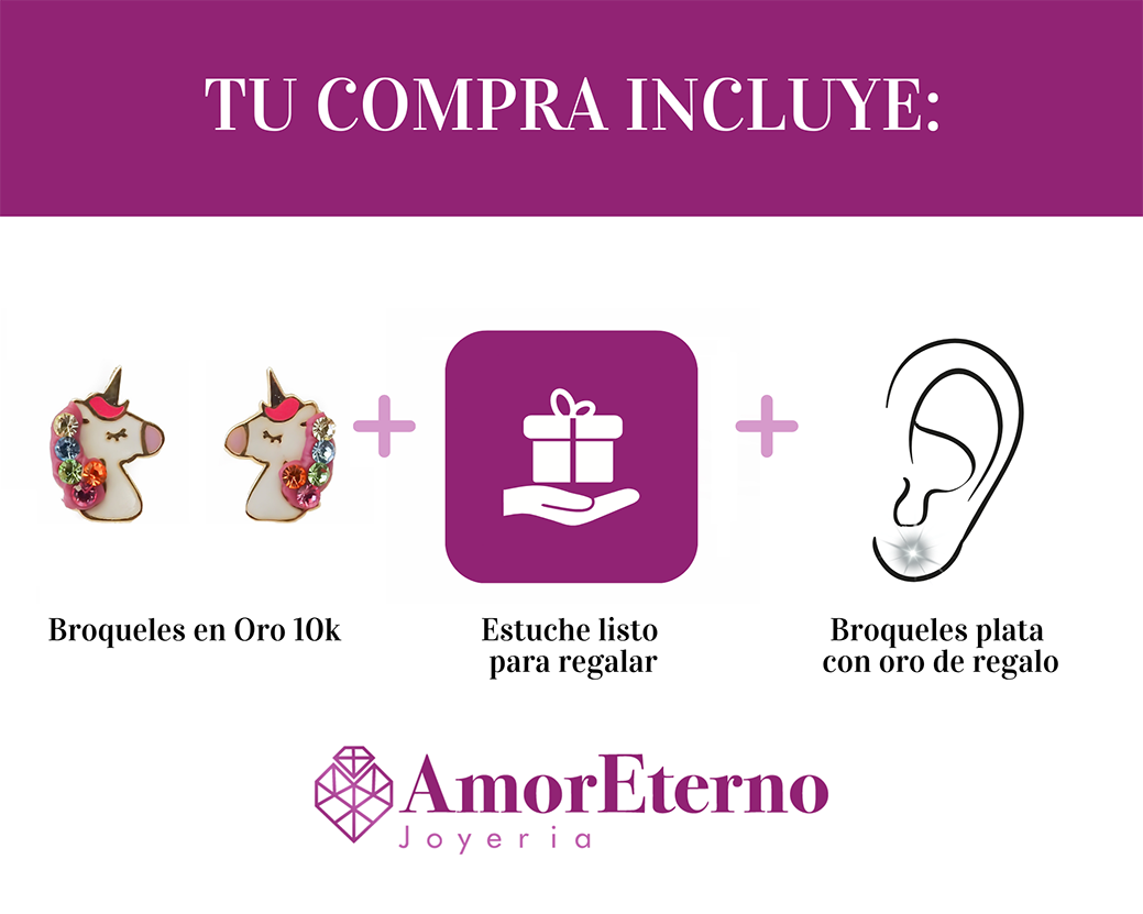 Amor Eterno - Broqueles Unicornio / Aretes / Oro Sólido 10k