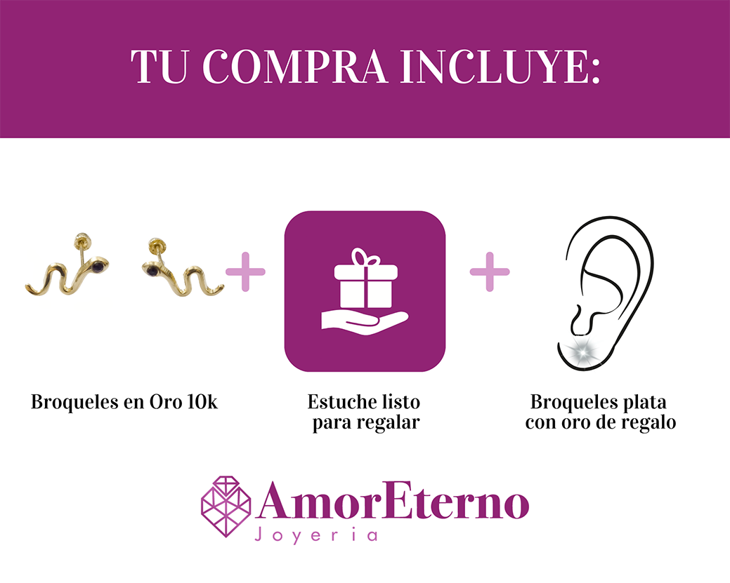 Amor Eterno - Broqueles Serpiente Vibora / Aretes / Oro 10k / Negro