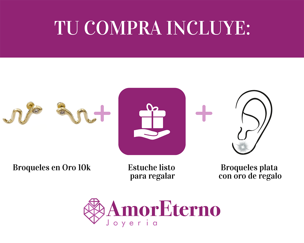Amor Eterno - Broqueles Serpiente Vibora / Aretes / Oro 10k / Transparente