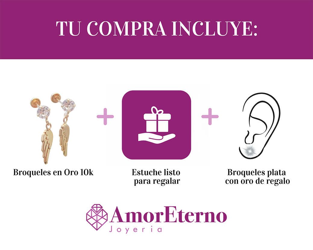 Amor Eterno - Broqueles Alas Ángel Arcangel Destello Oro 10k