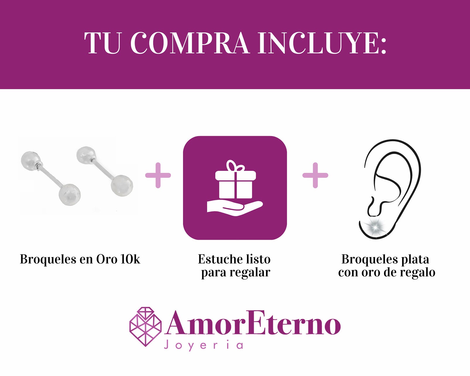 Amor Eterno - Broqueles Bebé / Dormilonas 2 mm / Aretes / Oro 10k