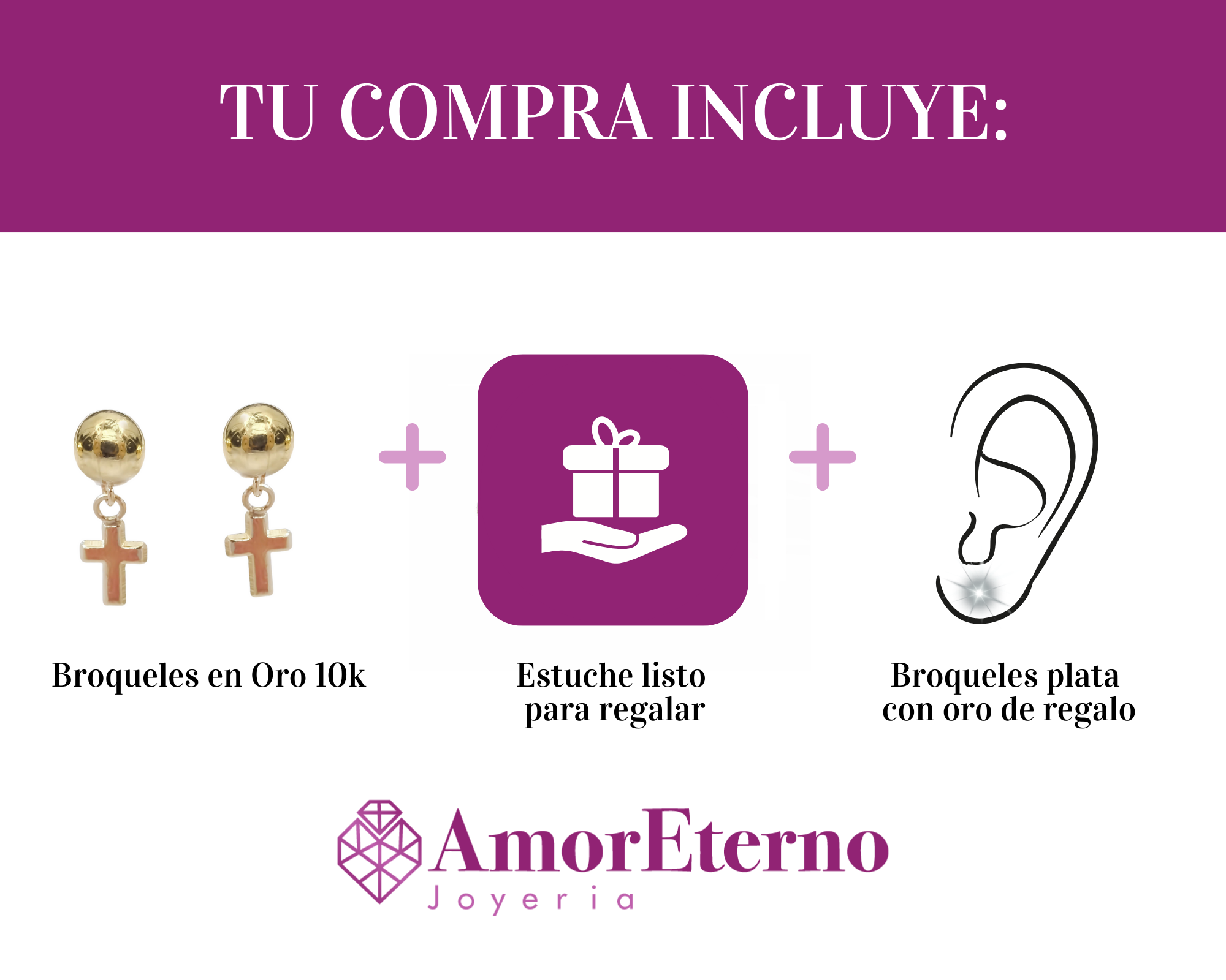 Amor Eterno - Broqueles / Dormilona Cruz Colgante / Oro 10k