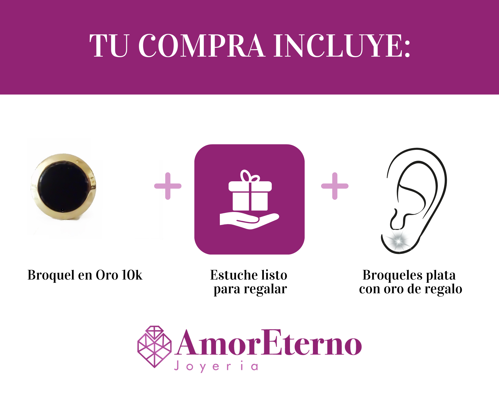 Amor Eterno - 1 Arete Broche Mariposa Círculo Onix / Oro 10k