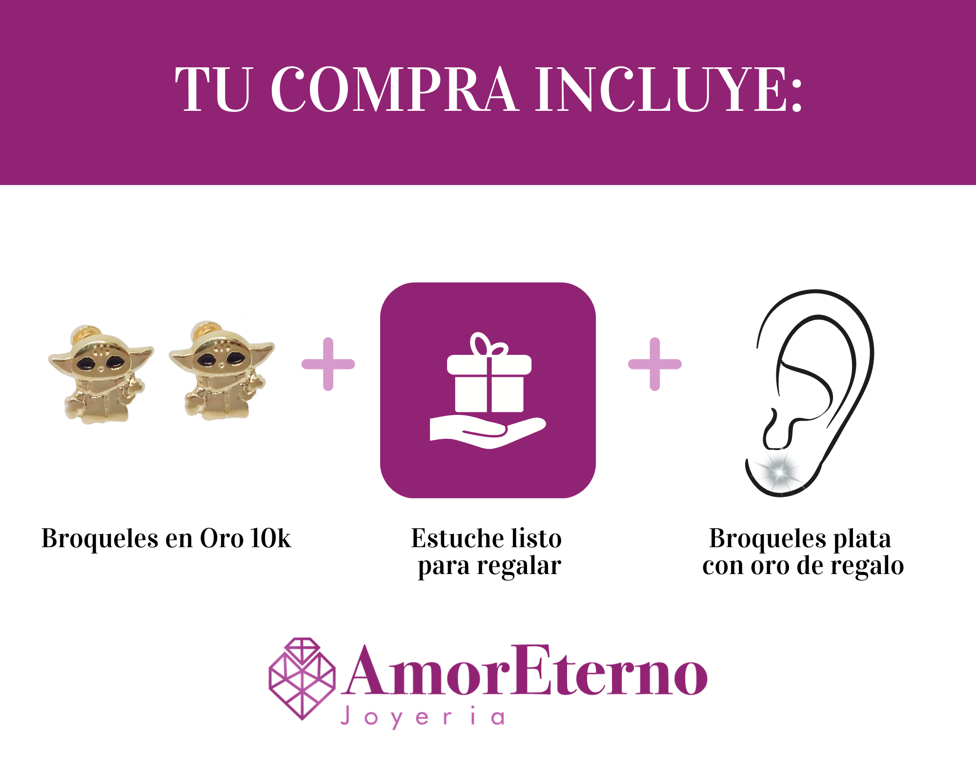 Amor Eterno - Broqueles Aretes Star Wars Yoda Bebé / Oro 10k