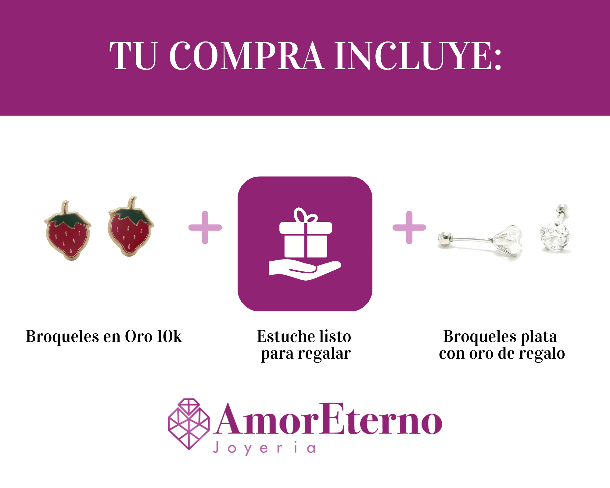 Amor Eterno - Broqueles Deluxe Fresa / Aretes / Oro 10k
