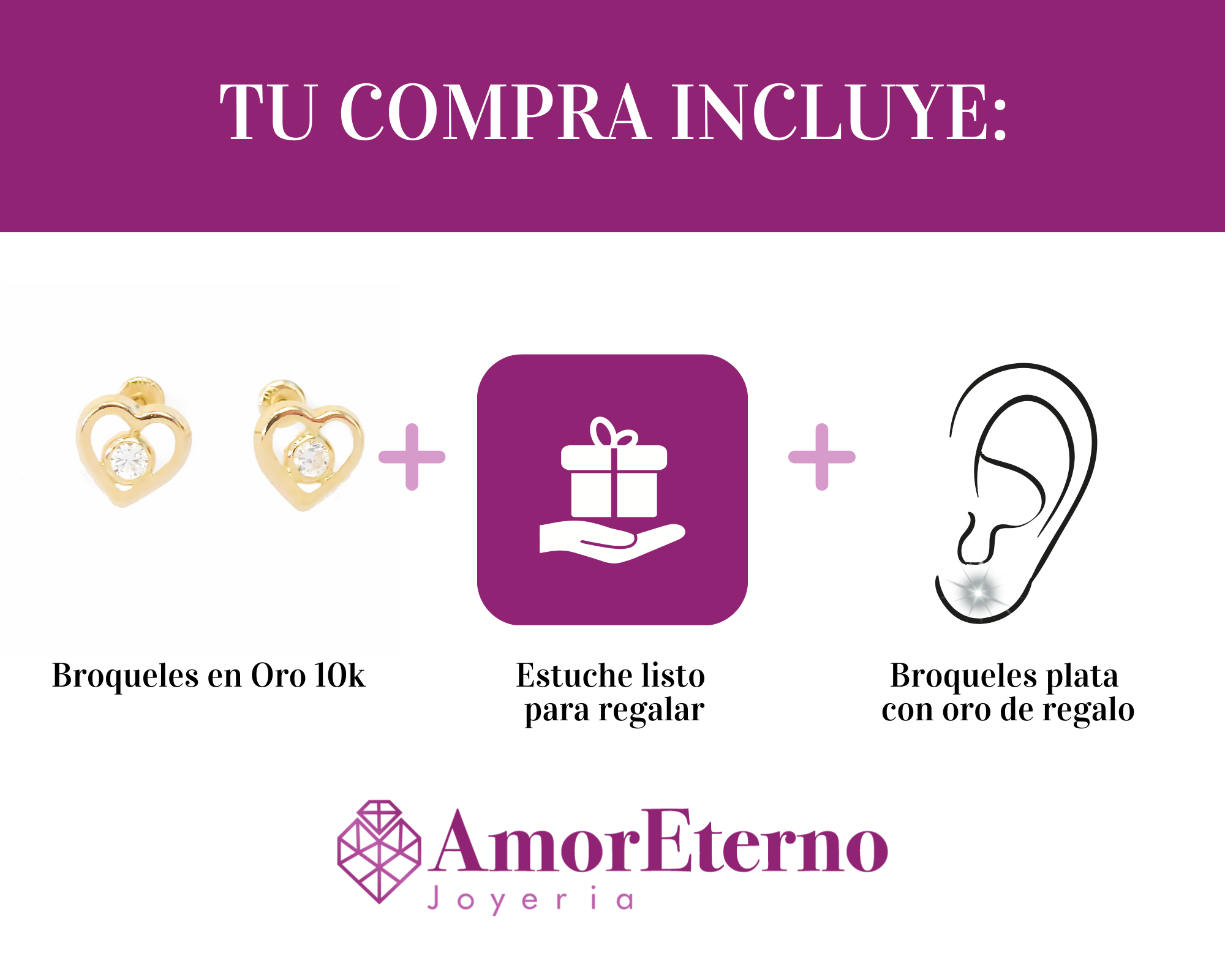 Amor Eterno - Broqueles / Corazón Bisel / Aretes / Oro 10k