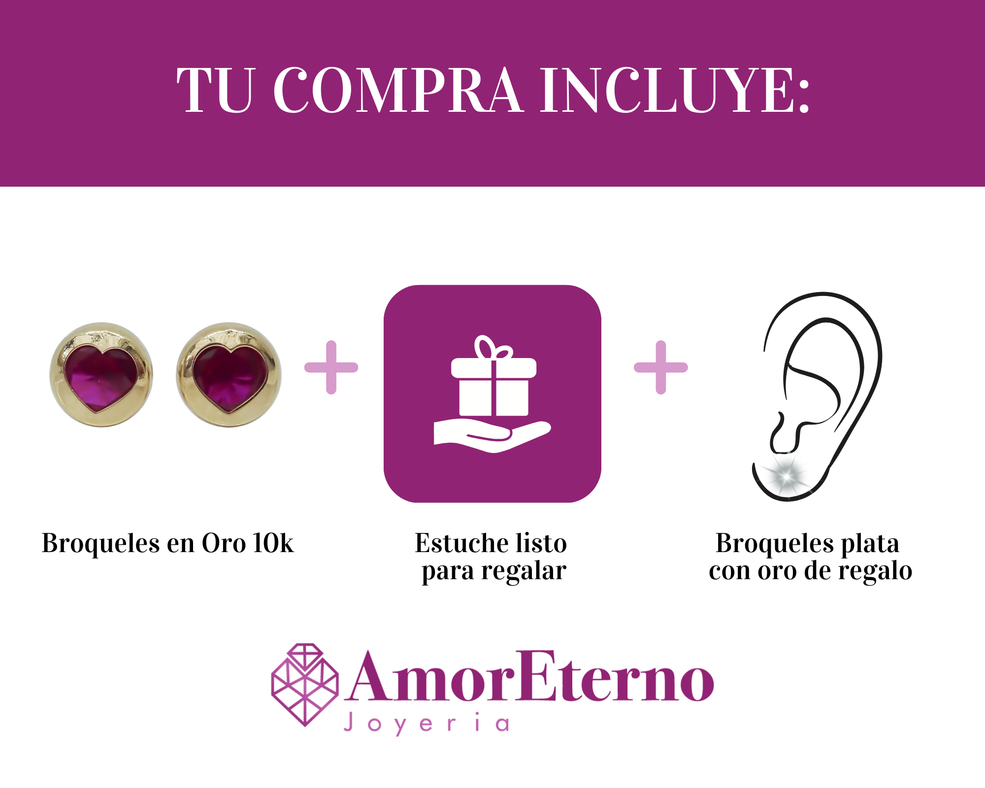 Amor Eterno - Broqueles Bisel Corazón / Aretes / Oro 10k / Fucsia
