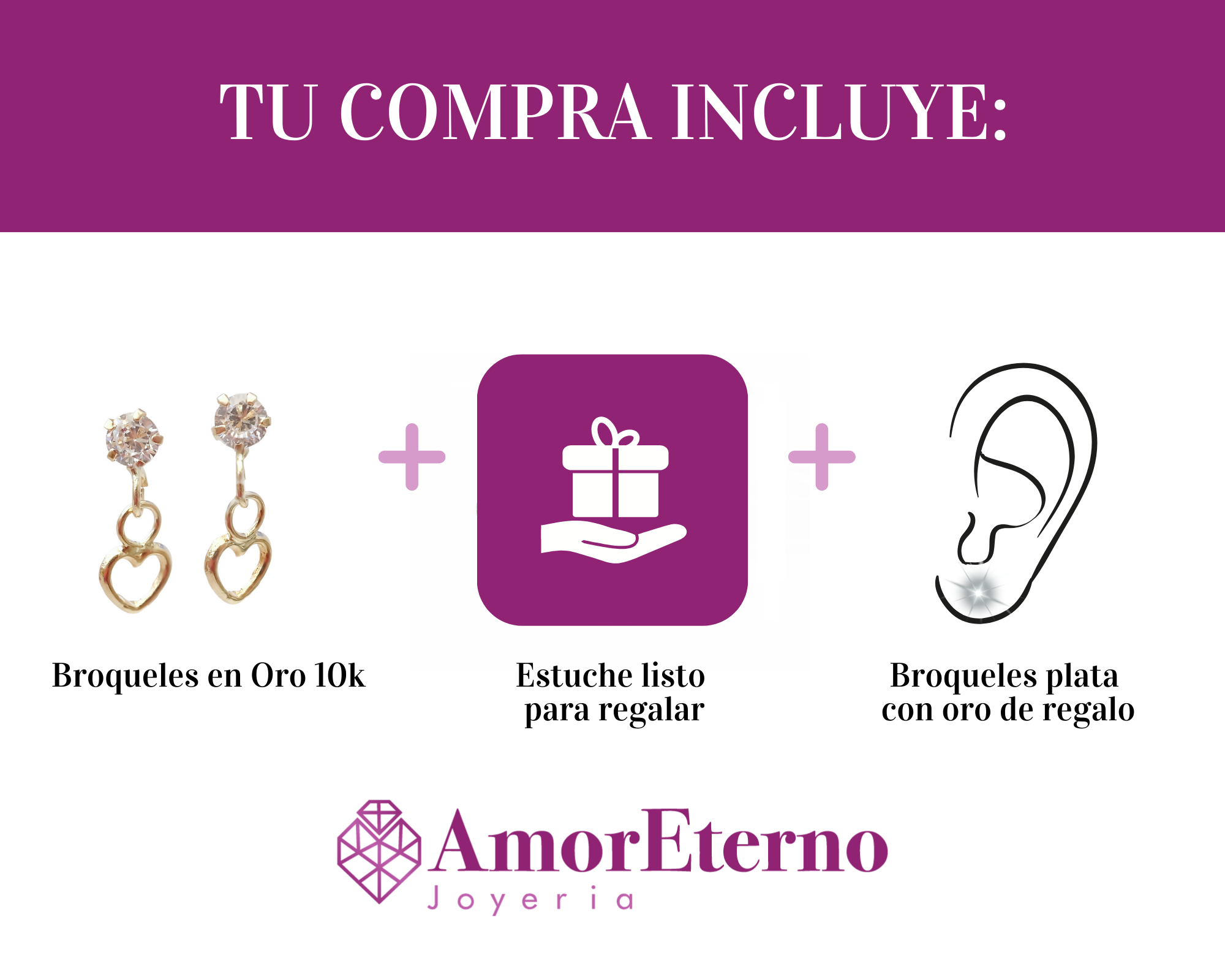 Amor Eterno - Broqueles / Corazón Colgante / Oro 10k