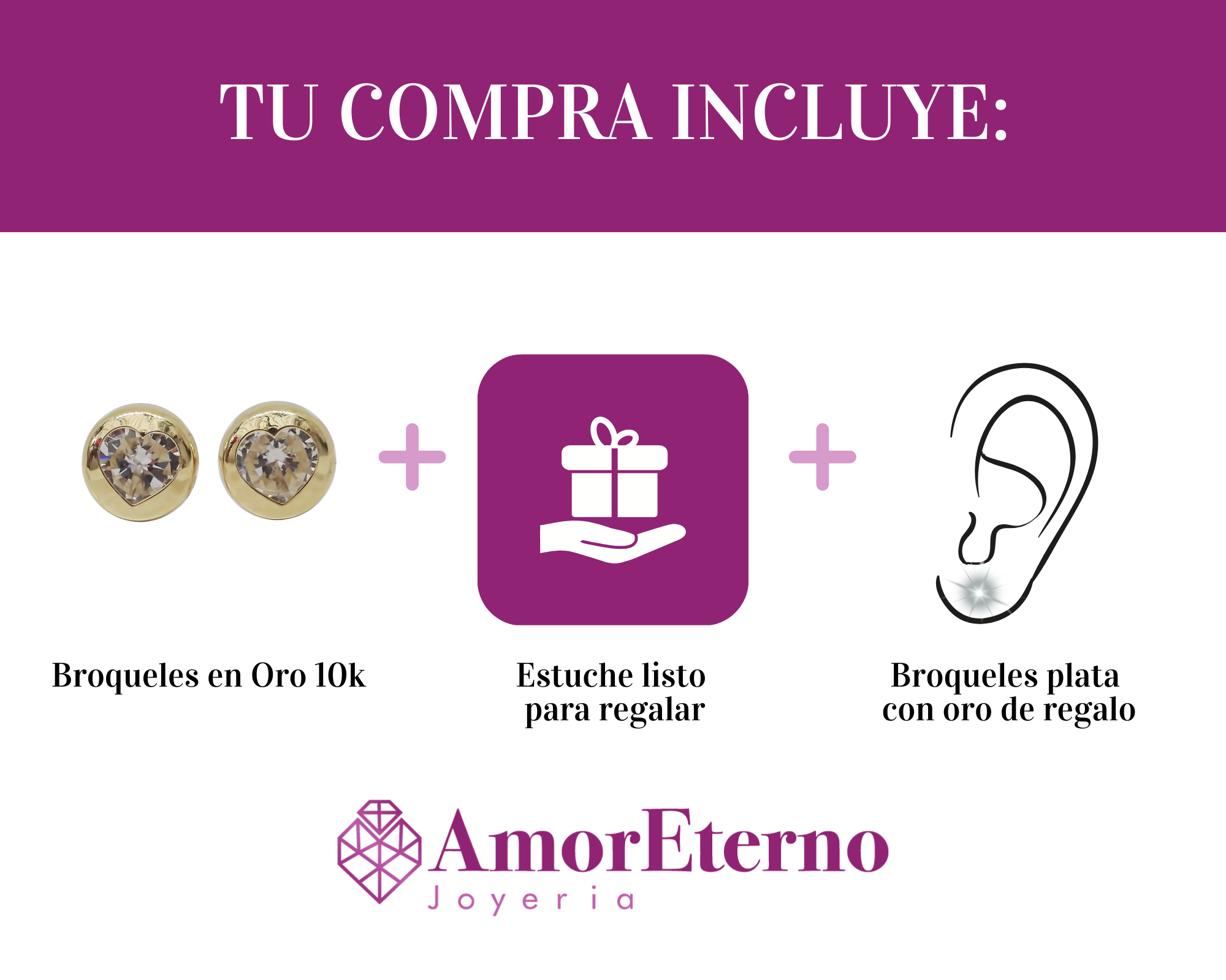Amor Eterno - Broqueles Bisel Corazón / Aretes / Oro 10k / Transparente