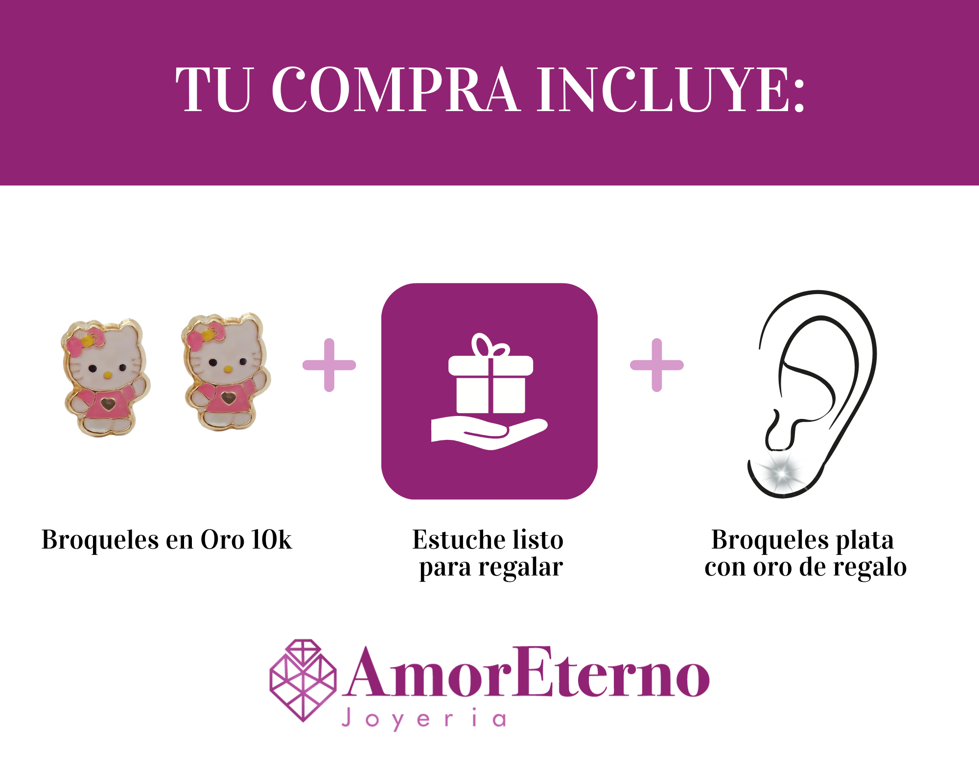 Amor Eterno - Broqueles Aretes / Hello Kitty / Oro 10k