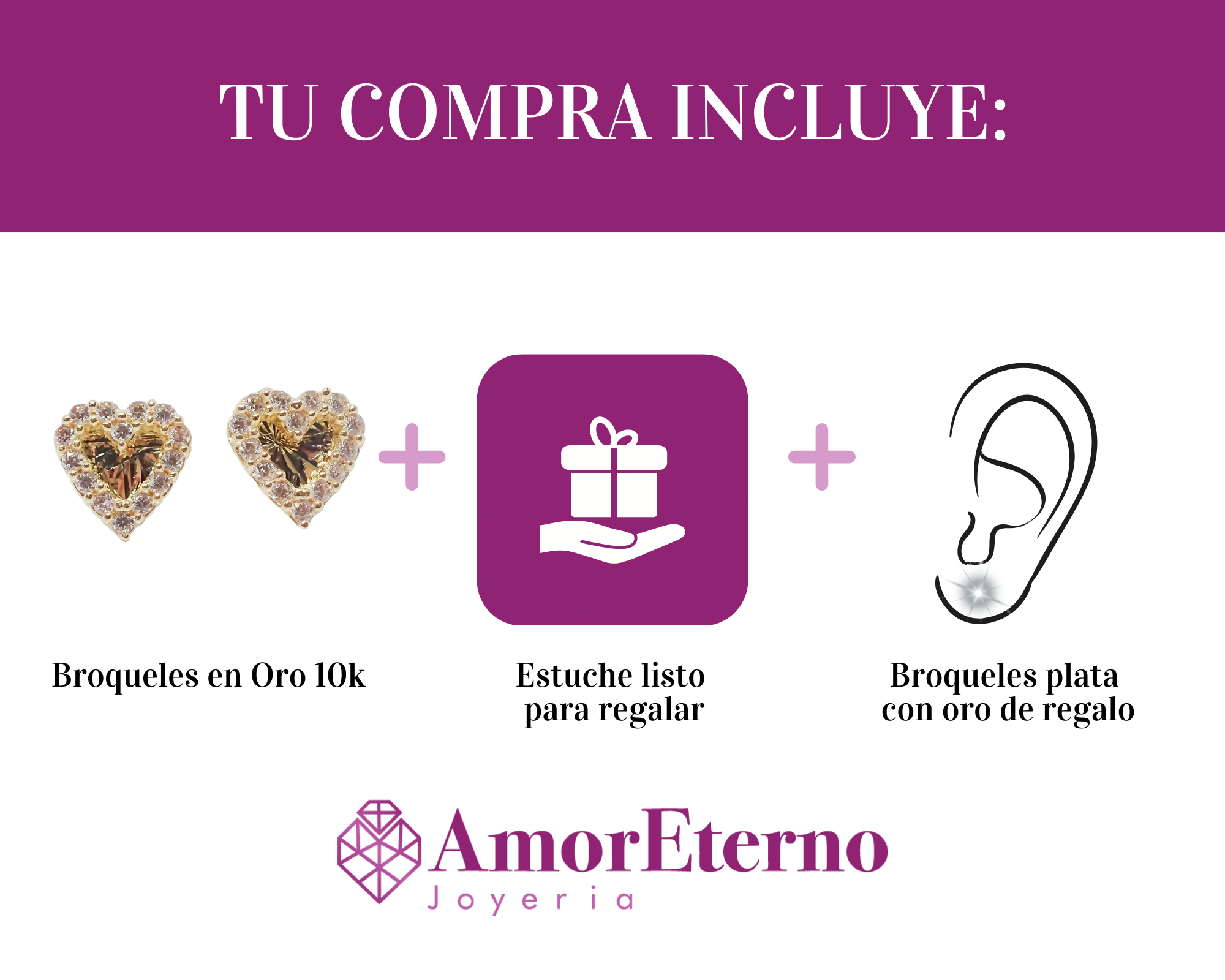 Amor Eterno - Broqueles Corazón Brillo Aretes Oro Sólido 10k
