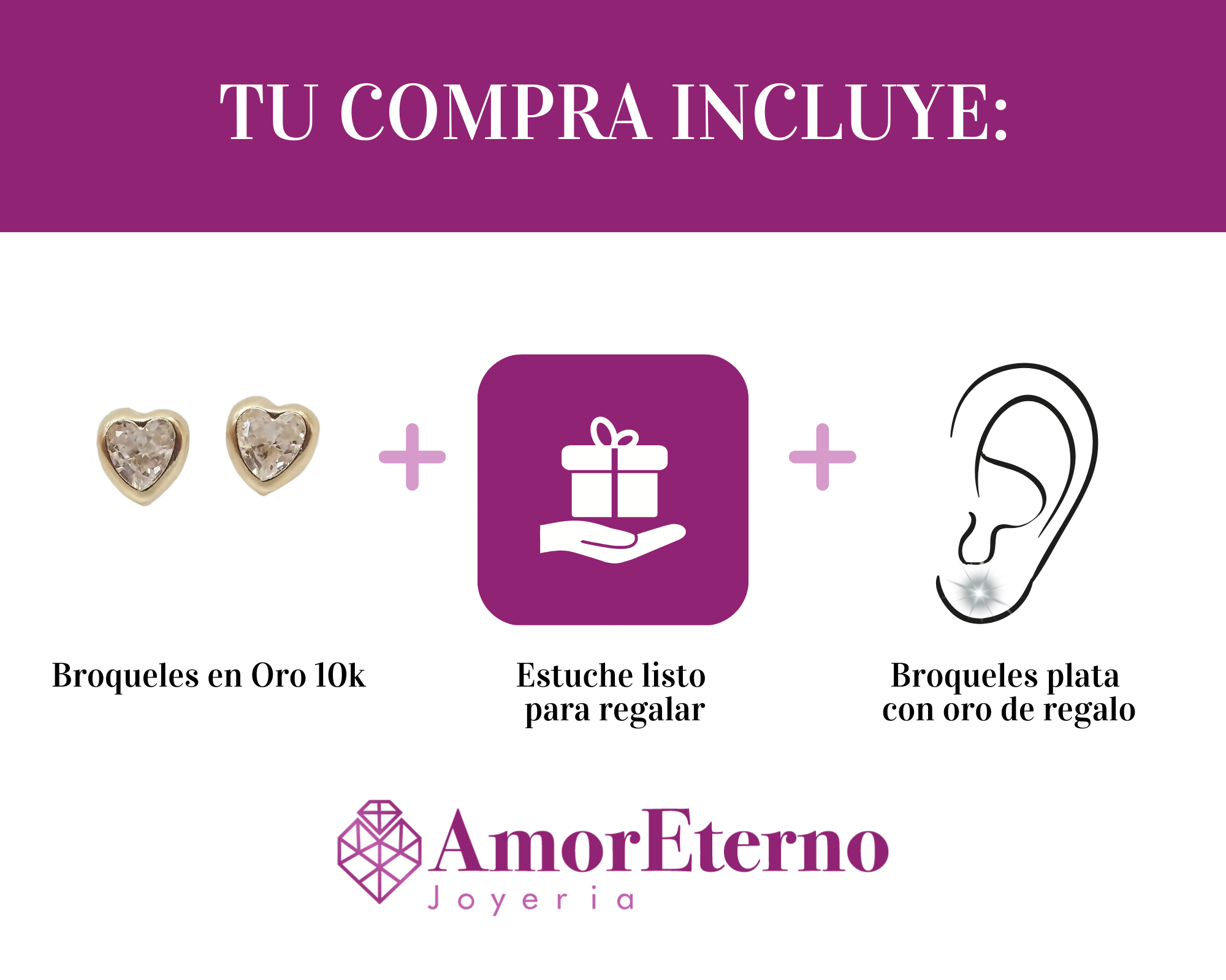Amor Eterno - Broquel Corazón Bisel Mini Bebé Aretes Oro 10k / Transparente