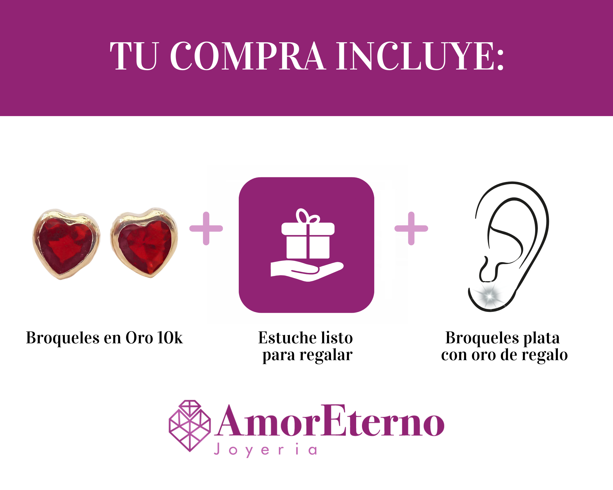 Amor Eterno - Broquel Corazón Bisel #5 / Aretes Oro 10k