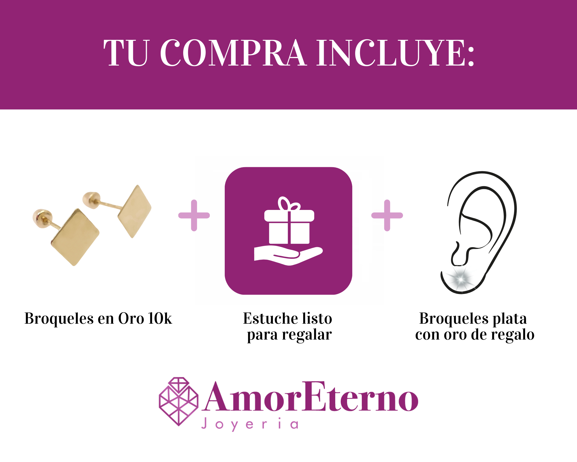 Amor Eterno - Broqueles Tachuela / Aretes / Oro Sólido 10k / Rombo
