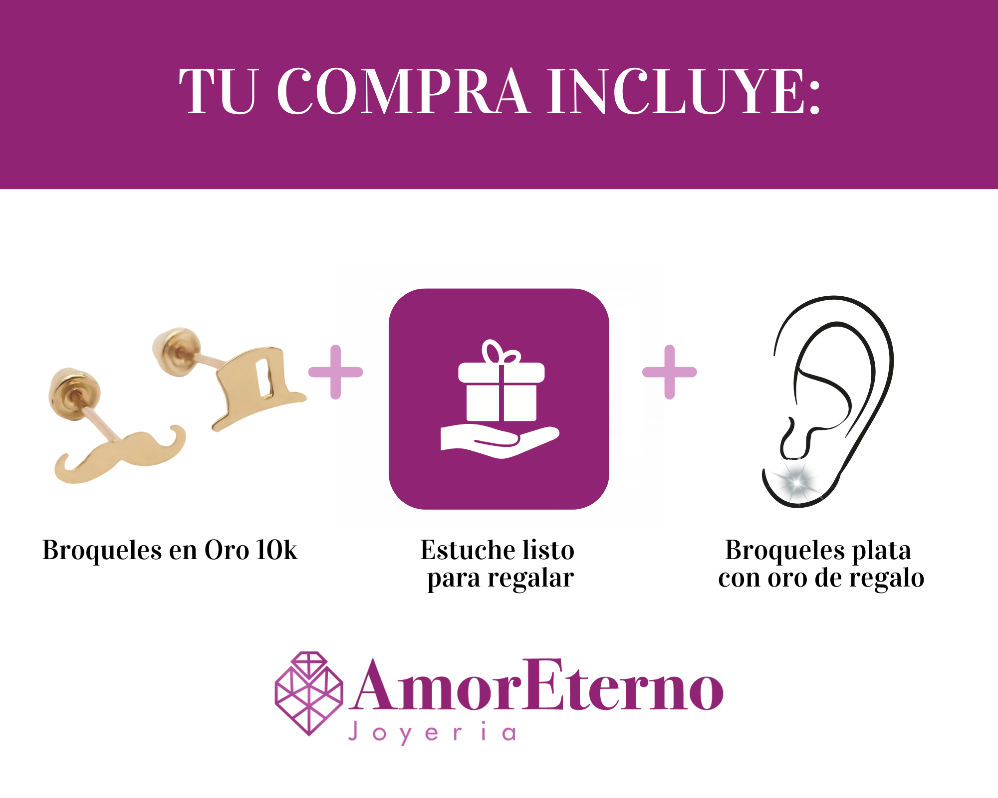 Amor Eterno - Broqueles Bigote Sombrero / Aretes / Oro 10k