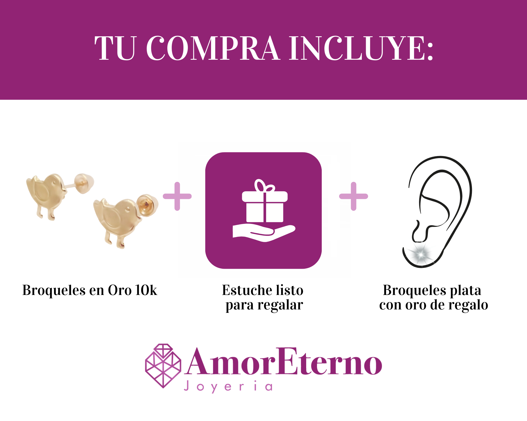 Amor Eterno - Broqueles Pajarito / Aretes / Oro 10k