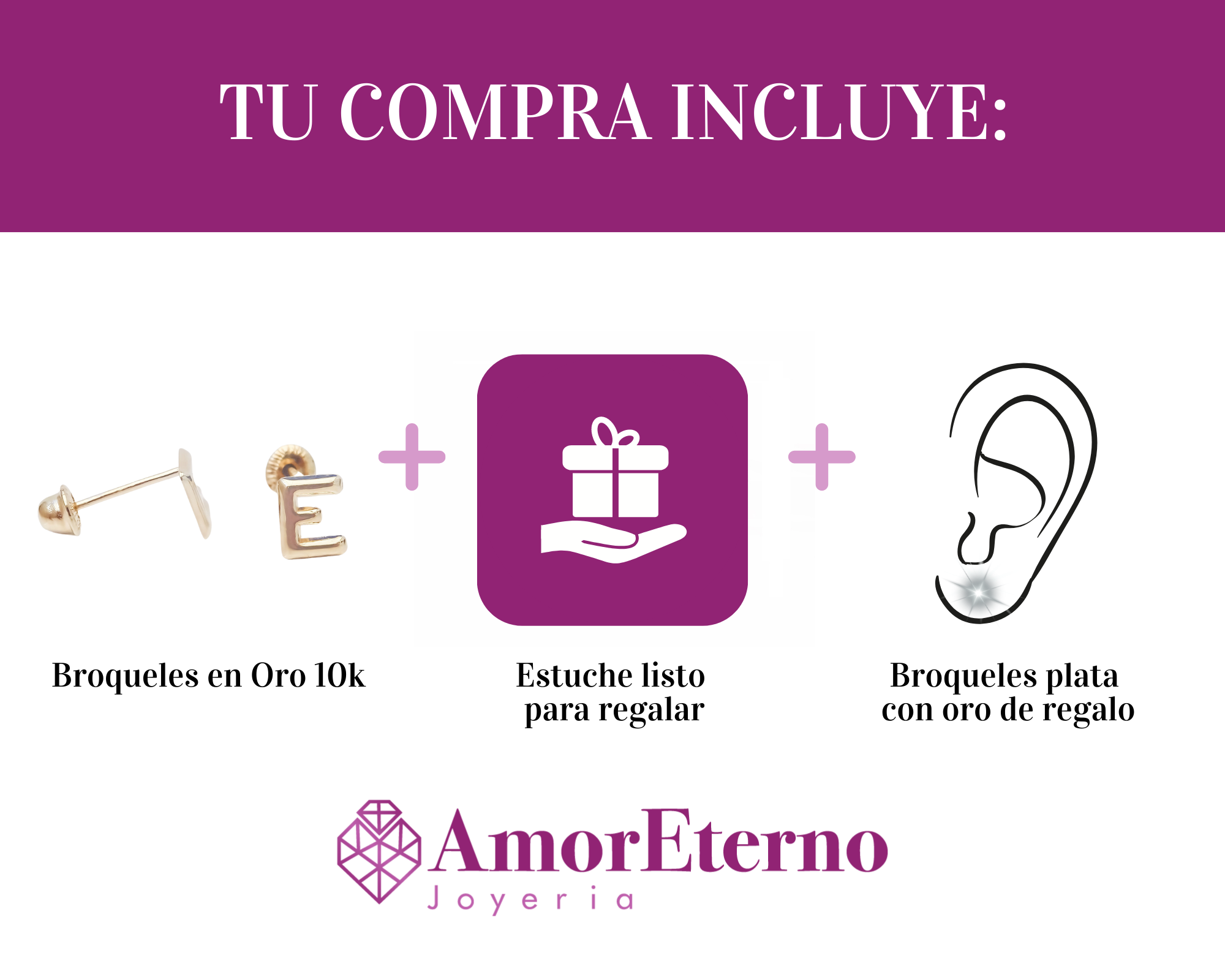 Amor Eterno - Broqueles Par Letra Inicial / Aretes / Oro 10k / E