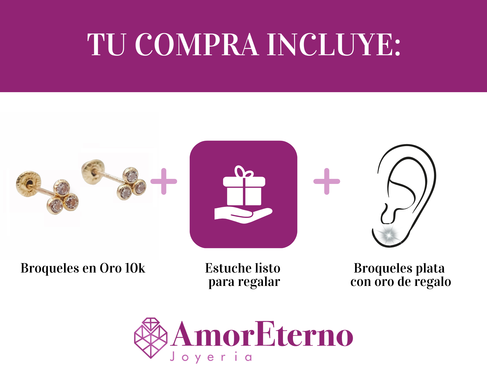 Amor Eterno - Broqueles Mini Trébol / Aretes / Oro 10k / Transparente