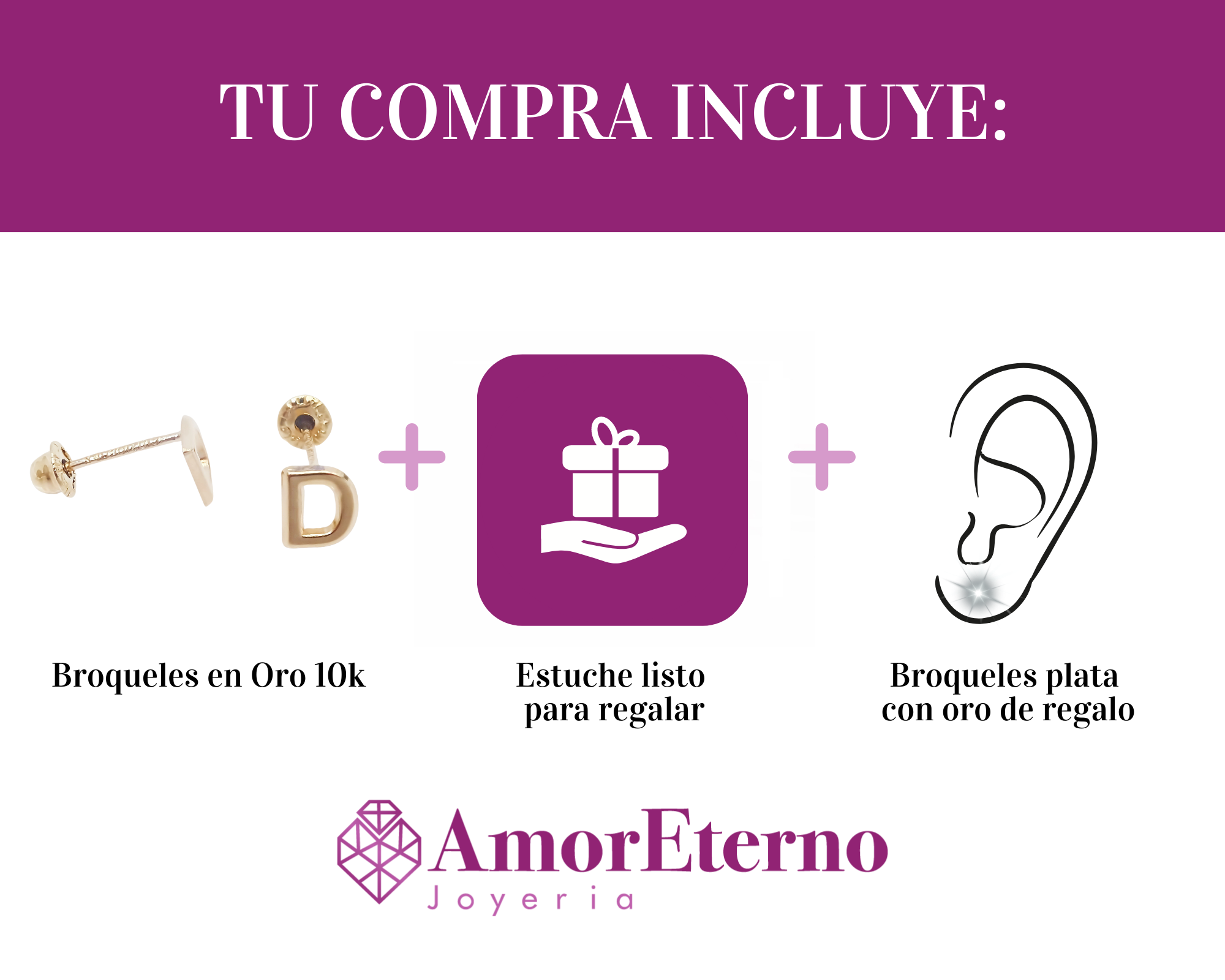 Amor Eterno - Broqueles Par Letra Inicial / Aretes / Oro 10k / D