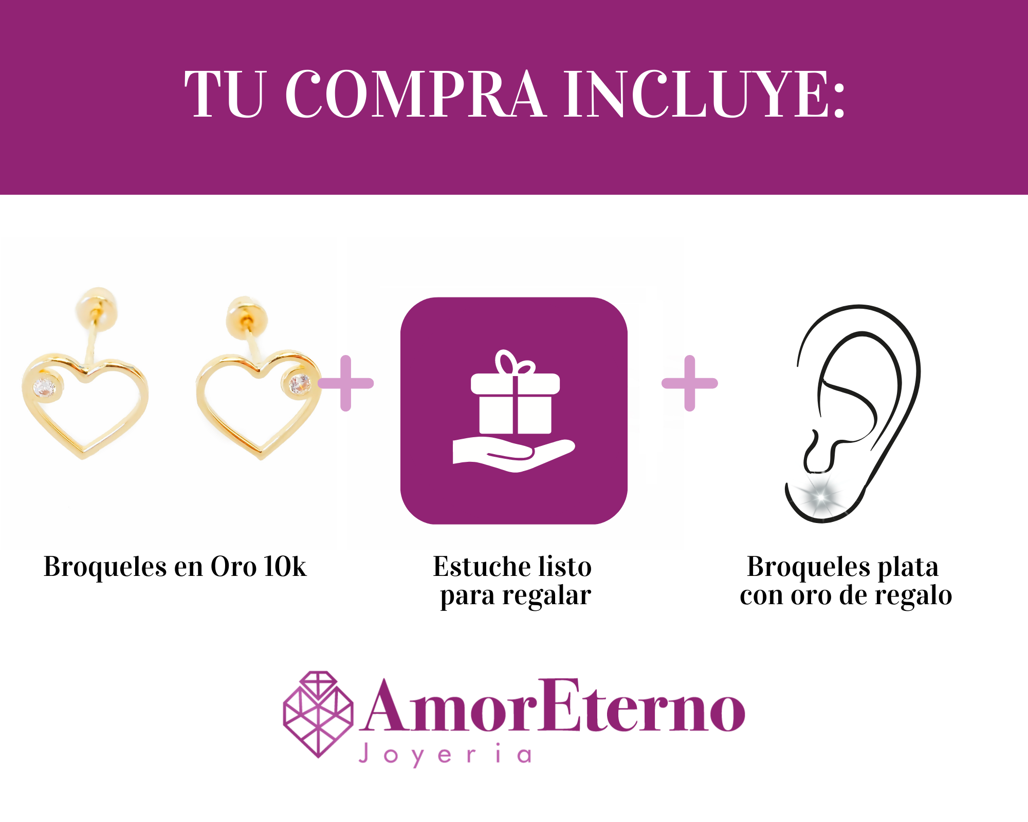 Amor Eterno - Broqueles / Corazón Silueta Diamante / Oro 10k