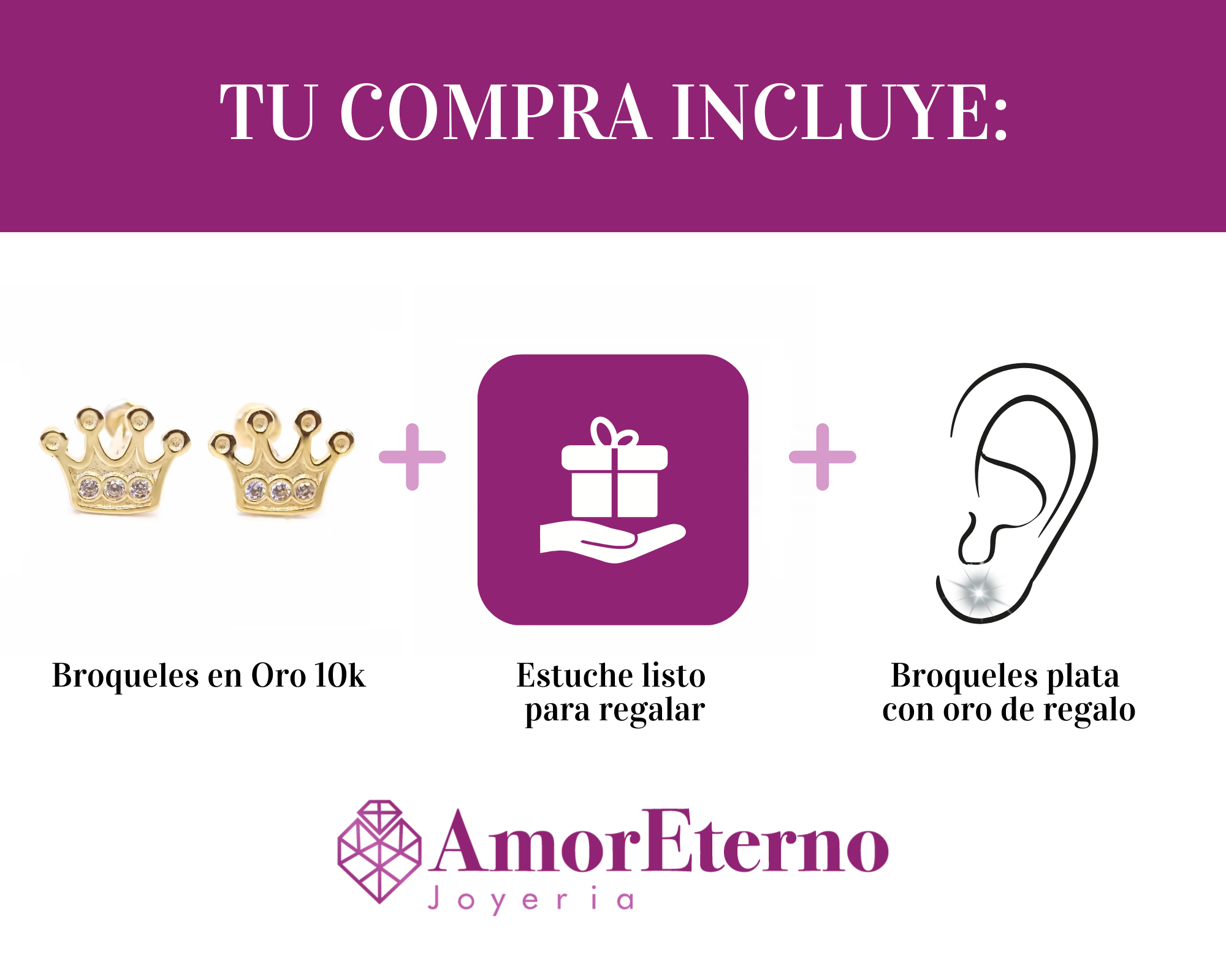 Amor Eterno - Broqueles Coronita / Aretes / Oro Sólido 10k