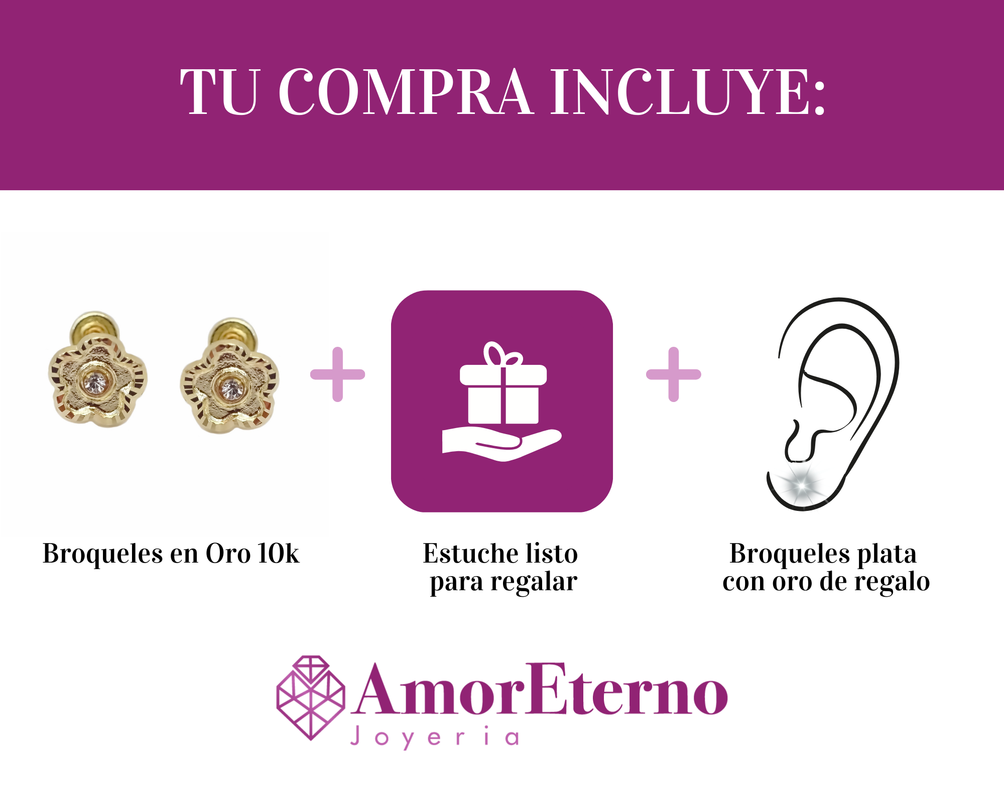 Amor Eterno - Broqueles Margarita Facetada / Aretes Oro 10k