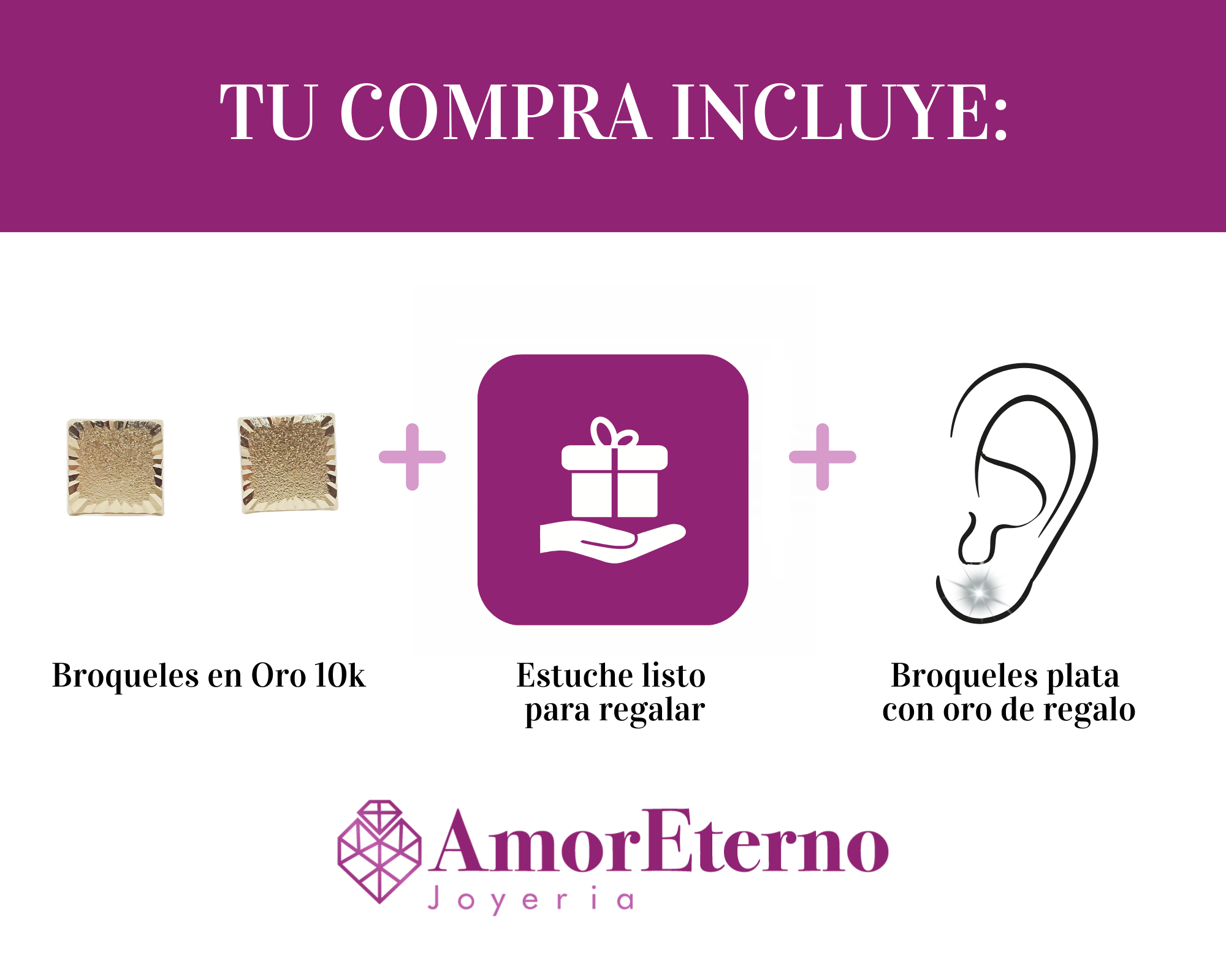 Amor Eterno - Broqueles Cuadrado Azucarado / Aretes Oro 10k