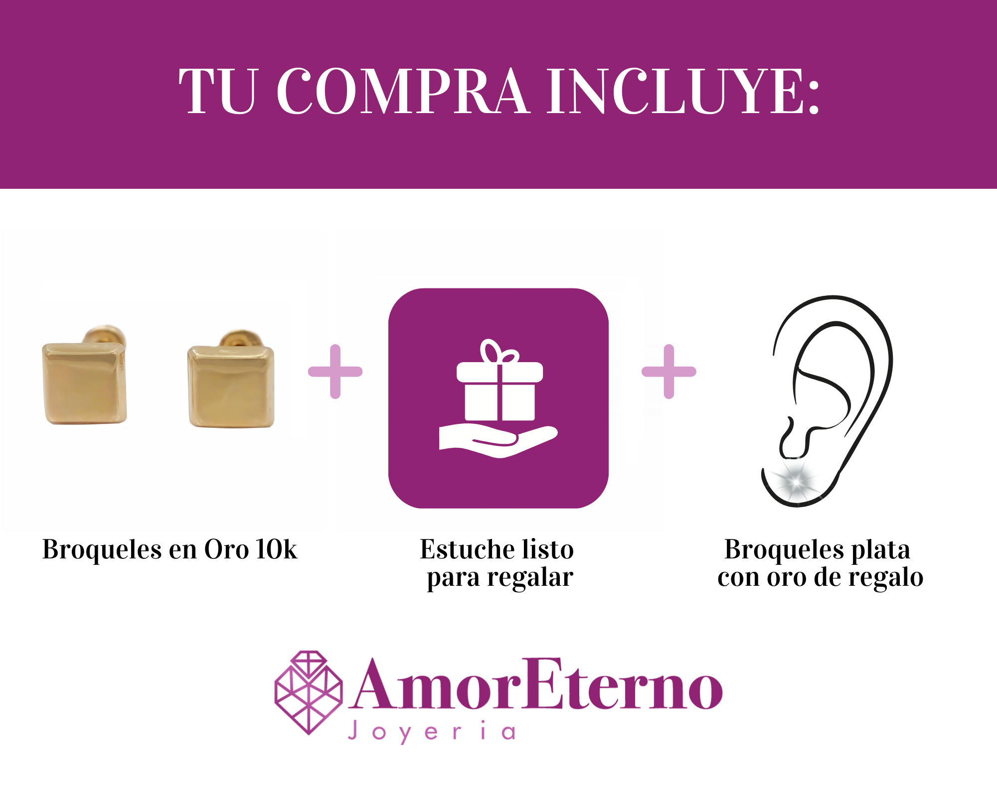 Amor Eterno - Broqueles Cuadro / Aretes / Oro Sólido 10k