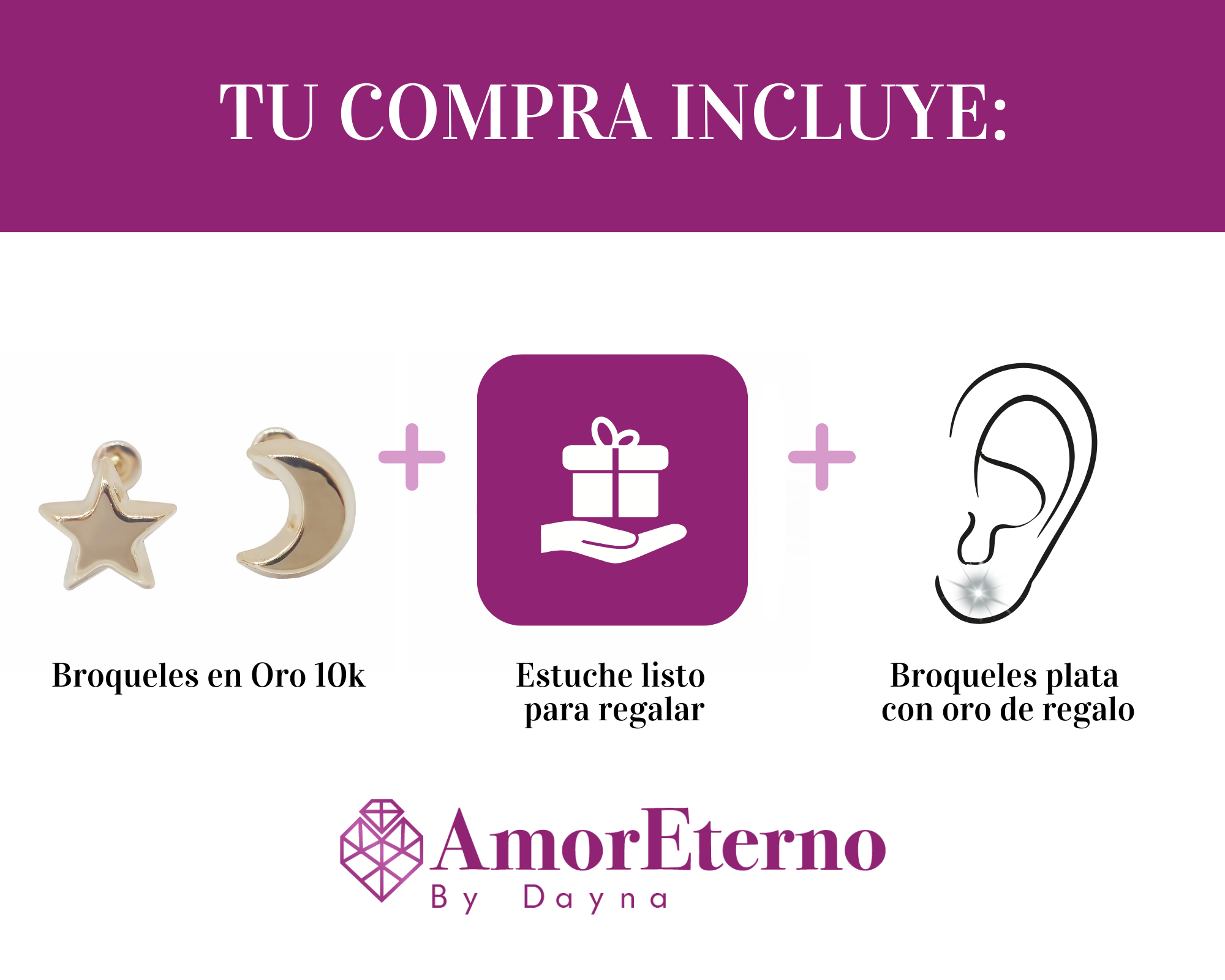 Amor Eterno - Broqueles Luna Estrella Basic / Aretes Oro 10k