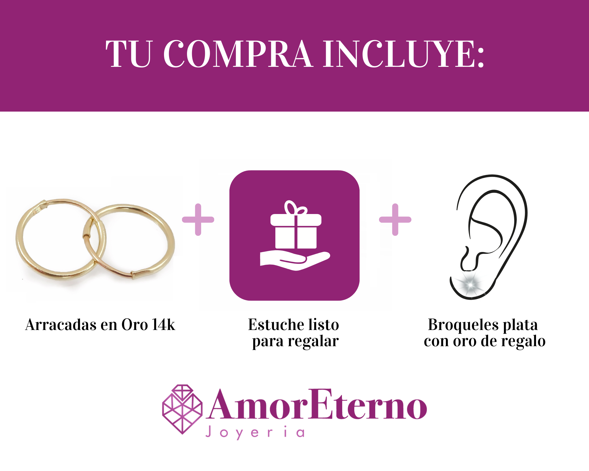 Amor Eterno - Arracadas / Piercing 1cm / Aretes / Oro 14k / Blanco