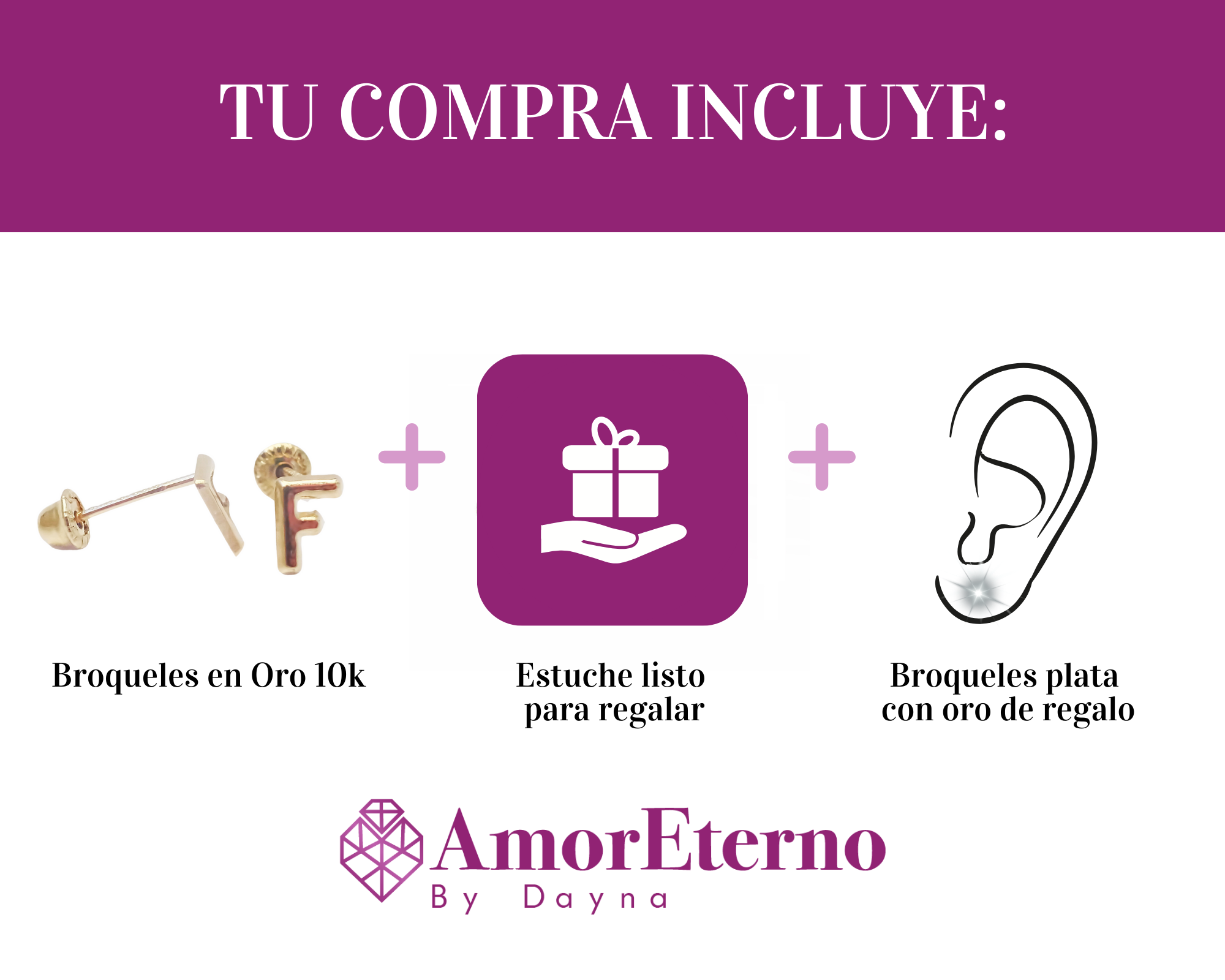 Amor Eterno - Broqueles Par Letra Inicial / Aretes / Oro 10k / F