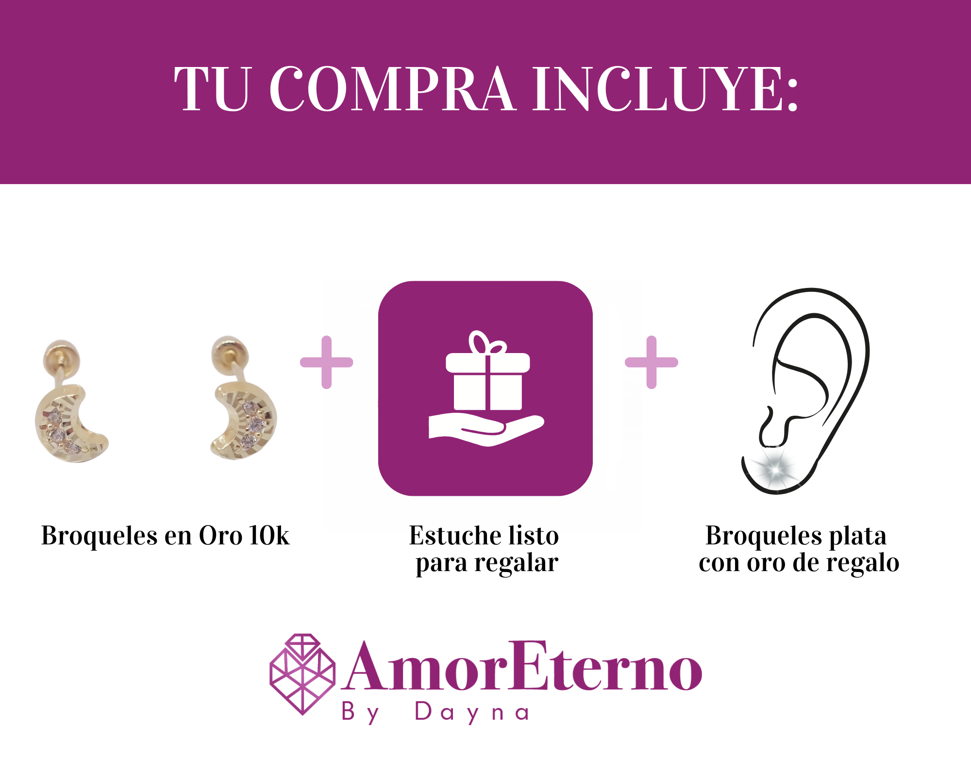 Amor Eterno - Broqueles Luna Mini Diamantes / Aretes Oro 10k