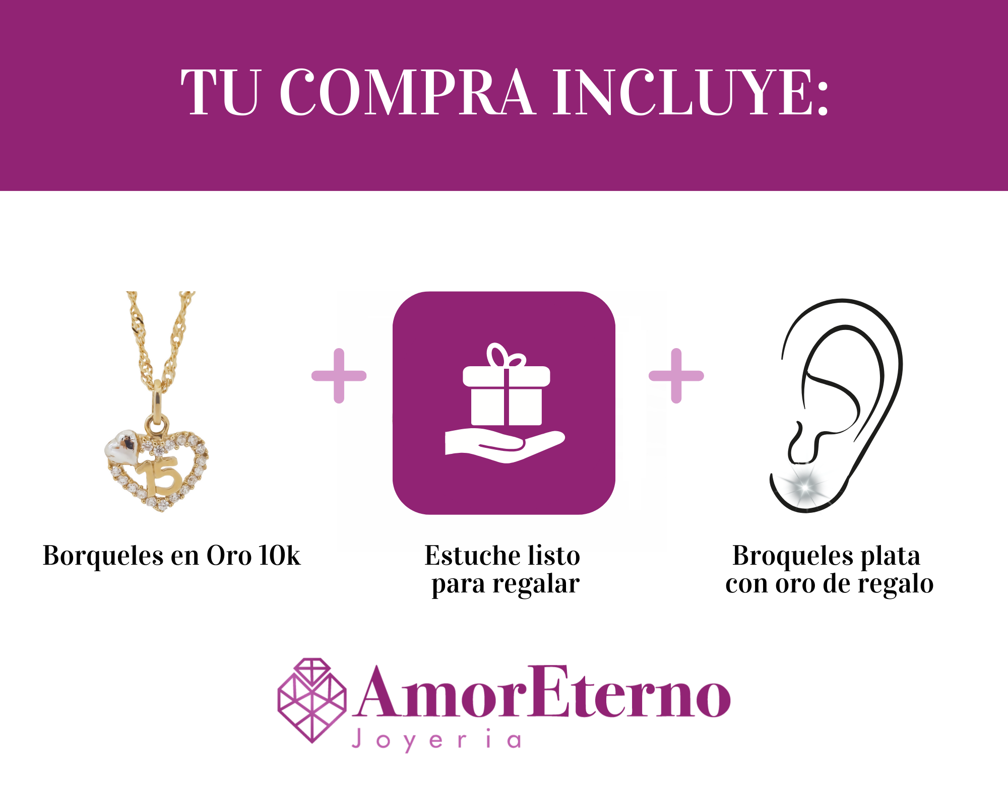 Amor Eterno - XV Años / Dije +cadena de regalo / Corazón Oro 10k Solido